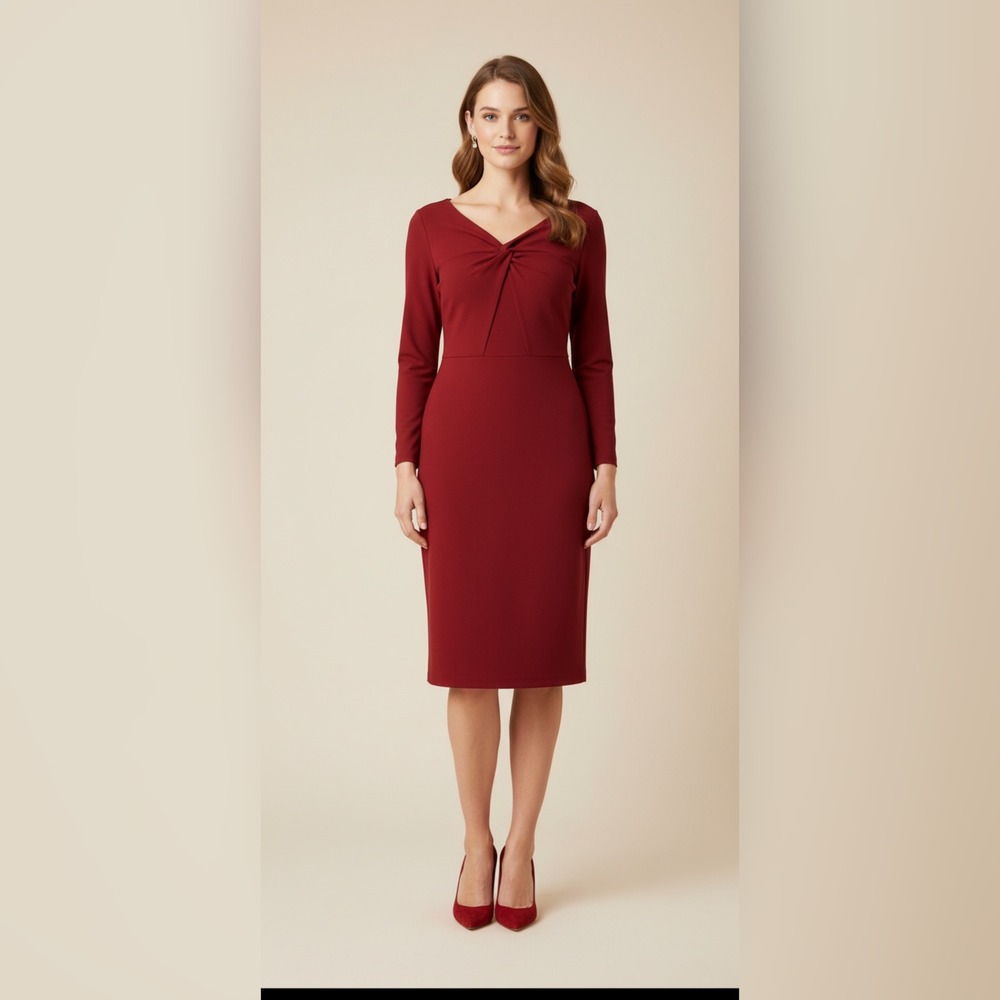 New Talbots Women Red Twist Neck 3/4 Sleeve Sheath Career Dress Size 8 Christmas